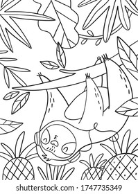 Monochrome vector illustration with sloth on vacation. Coloring page with cute Summer Sloth. 