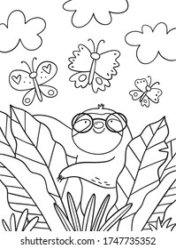 Monochrome vector illustration with sloth on vacation. Coloring page with cute Summer Sloth. 