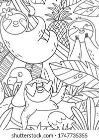 Monochrome vector illustration with sloth on vacation. Coloring page with cute Summer Sloth. 