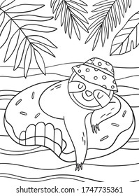 Monochrome vector illustration with sloth on vacation. Coloring page with cute Summer Sloth. 