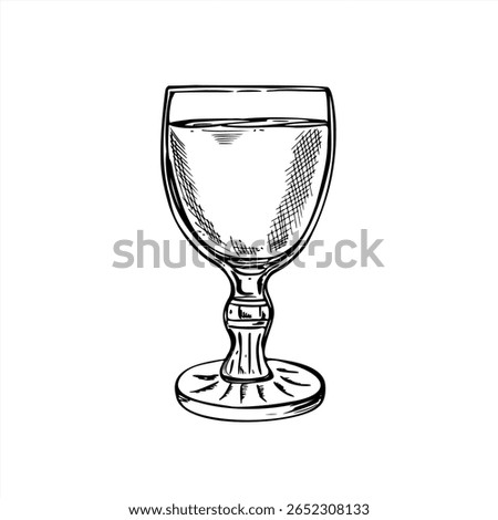 Monochrome vector illustration of small stemmed glass with drink for water, wine, vodka, liqueur or limoncello. Wineglass for bar menu, alcohol branding, upscale packaging, cocktail event graphic.