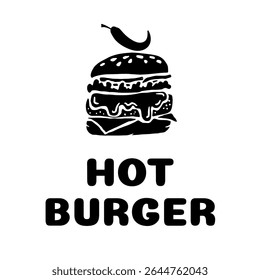 Monochrome vector illustration of a spicy burger with melting cheese, sesame bun, lettuce and chili pepper topper. Flat minimal style ideal for food branding, menus and logos.
