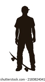 Monochrome vector illustration of standing skateboarder silhouette.