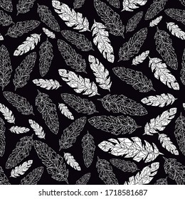 Monochrome vector illustration of stylized feather pattern.