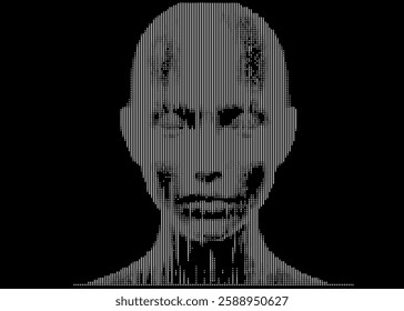 Monochrome vector illustration of a stylized human face composed of vertical lines on a black background, creating a digital, abstract portrait with an intriguing, minimalistic aesthetic.