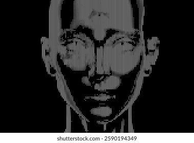 Monochrome vector illustration of a stylized human face composed of vertical lines on a black background, creating a digital, abstract portrait with an intriguing, minimalistic aesthetic.