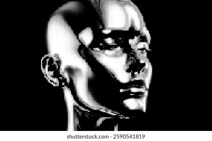 Monochrome vector illustration of a stylized human face composed of vertical lines on a black background, creating a digital, abstract portrait with an intriguing, minimalistic aesthetic.