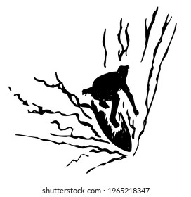 Monochrome vector illustration of surfer silhouette on the wave. Art in irregular strokes in sketch style.