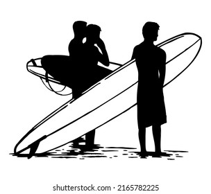 Monochrome vector illustration of surfers silhouette.