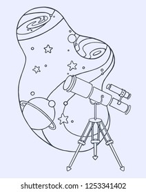Monochrome vector illustration with telescope on the background of space. Doodle image with vintage optical instrument.