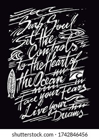 Monochrome vector illustration of text with lettering in scribbled style and elements with allusion to surfing.