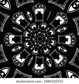 monochrome vector illustration with the theme of a tunnel that forms a circle surrounded by a devil's mirror inside and also blinking eyes, can be used as a gothic background, wallpaper, animation