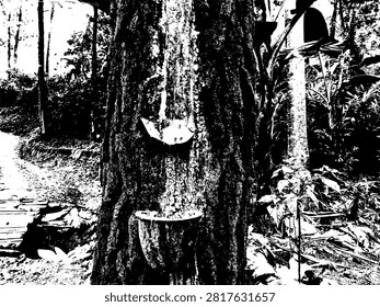 Monochrome vector illustration of traditionally tapped pine tree trunk with resin collection cup. High contrast pine bark texture and forestry industry asset