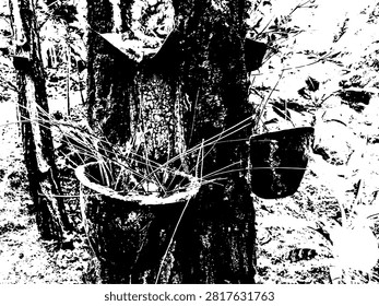 Monochrome vector illustration of traditionally tapped pine tree trunk with resin collection cup. High contrast pine bark texture and forestry industry asset