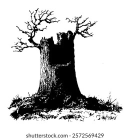 monochrome vector illustration of a tree stump with bare branches, designed in detailed sketch style with a naturalistic and artistic approach