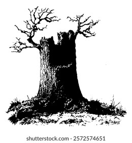 monochrome vector illustration of a tree stump with bare branches, designed in detailed sketch style with a naturalistic and artistic approach