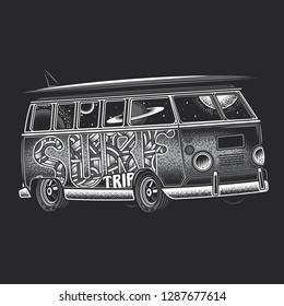 Monochrome vector illustration for t-shirt or sticker. Car with surfing on the roof