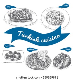 Monochrome vector illustration of Turkish cuisine and cooking traditions