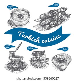 Monochrome vector illustration of Turkish cuisine and cooking traditions