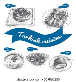 Monochrome vector illustration of Turkish cuisine and cooking traditions