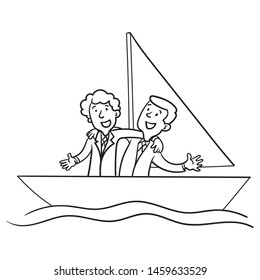 monochrome vector illustration of two businessmen sitting in the same boat hugging each other.  scribble, outline, comic, ink, sketch, doodle, vector, illustration, line, cartoon, black, white, drawin