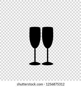 Monochrome vector illustration of two champaign glasses. Black silhouette of couple of champagne or wine glasses isolated. Cheers icon. Fragile or packaging glass symbol, sign, icons, clip art.