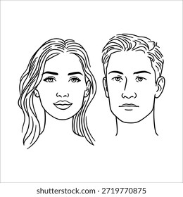 Ilustración vectorial monocromática de dos rostros humanos representados en un arte lineal minimalista con cabello largo y ondulado en un lado y cabello corto en el otro con ojos definidos, cejas, nariz y labios para representar la anatomía del retrato, la expresión artística y la simetría en el diseño