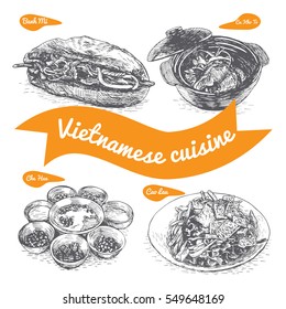 Monochrome vector illustration of Vietnamese cuisine and cooking traditions