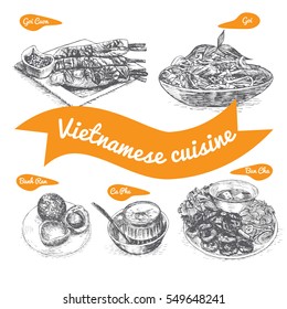 Monochrome vector illustration of Vietnamese cuisine and cooking traditions