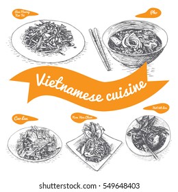 Monochrome vector illustration of Vietnamese cuisine and cooking traditions