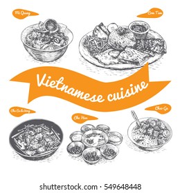 Monochrome vector illustration of Vietnamese cuisine and cooking traditions