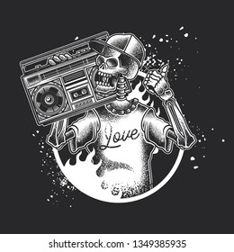 Monochrome vector illustration in vintage style. Fashionable skeleton man with a Boombox in his hands, on the background of fire