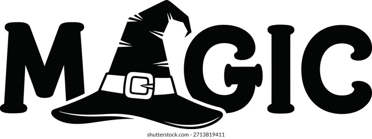Monochrome vector illustration of a witch hat with Magic text for Halloween, spooky, and fantasy themed design projects on a transparent background.