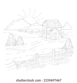 Monochrome vector illustration of a wooden house with haystacks in the field on a background of mountains and sunset. Agriculture and farming vintage hand drawing.