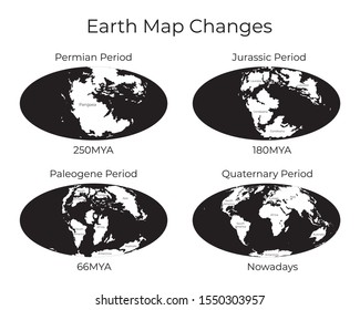 Monochrome vector illustration of Worldmap with names of continents isolated on background. Map of the World and changes in different geological periods. 250mya, 180mya, 66mya and nowadays projections