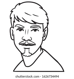Monochrome vector illustration of a young man with short hair and mustache with a goatee. cool look, avatar, hand drawn.