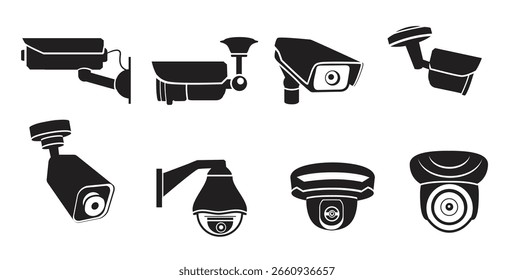 monochrome vector illustrations security video cameras cctv system private control monitoring illust 