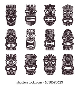 Monochrome vector illustrations set of tribal god tiki. Black white tahitian totem, idol god hawaiian tiki with teeth and mouth