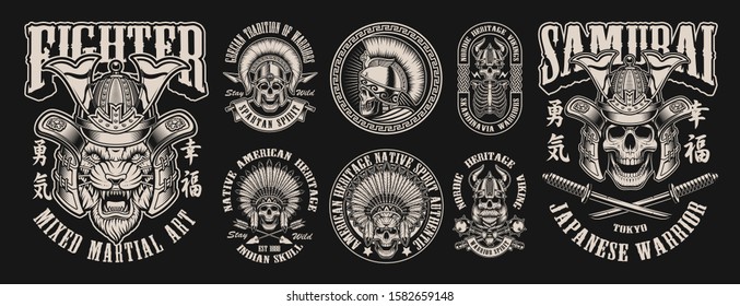 Monochrome of vector illustrations with skulls warriors such us; spartan, samurai viking and others on a dark background. Perfect for shirt prints, logos and many other.