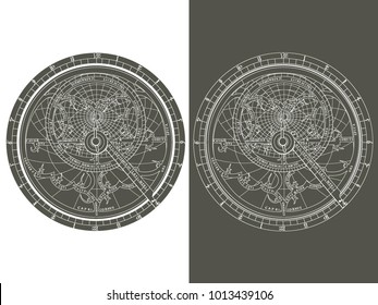 Monochrome vector image of an astrolabe