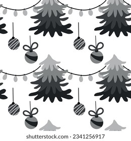 monochrome vector image. Christmas trees, garlands and Christmas balls.