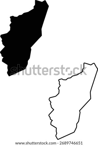 Monochrome vector image displaying both the filled and outlined forms of a unique, vertically elongated landmass or region.