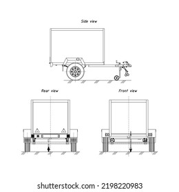 Monochrome Vector Image, Drawing, Of A Car Trailer: Side View, Front View, Rear View svg