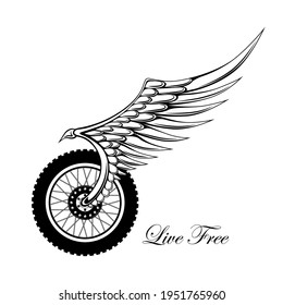 Monochrome vector image of a motorcycle wheel with a fender. Template for emblem, print, flyer, banner.