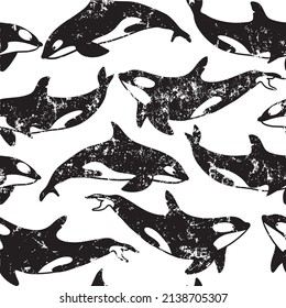 Monochrome vector killer whale pattern. Seamless grunge backgrounde for textile, fashion, wallpaper and more
