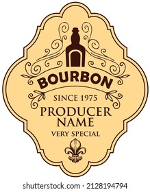 Monochrome vector label for bourbon with a bottle, curlicues and fleur de lis on a beige backdrop in a curly frame. Figured label or sticker for a strong alcohol drink in retro style isolated on white