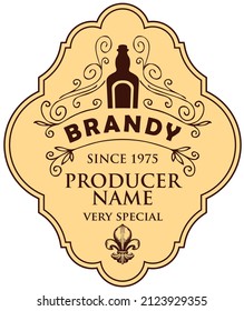 Monochrome Vector Label For Brandy With A Bottle, Curlicues And A Fleur De Lis On A Beige Background In A Curly Frame. Figured Label Or Sticker For A Hard Liquor In Retro Style Isolated On A White