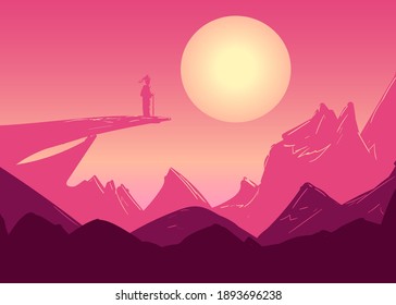 Monochrome vector landscape illustration about a lonely traveler stands on the top of a mountain and looks at the full moon. 