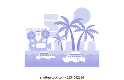 Monochrome vector landscape with ships in sea, palm trees, film strip and camera. Cinema festival in Nice