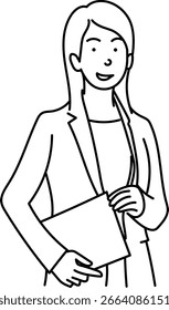 Monochrome vector line drawing of a smiling businesswoman clutching documents